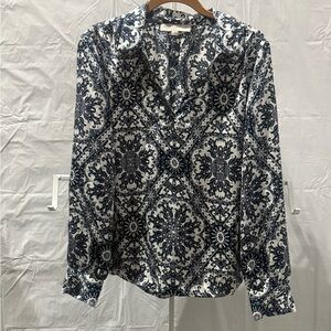 LOFT Navy and White Paisley Medallion Button-Down Blouse